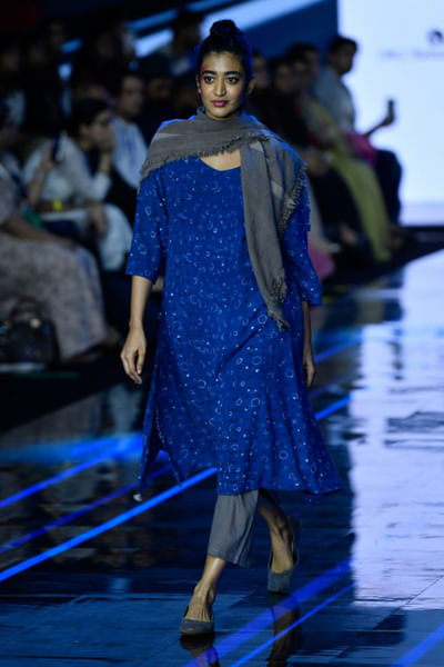 Indigo block printed dress and pants with scarf
