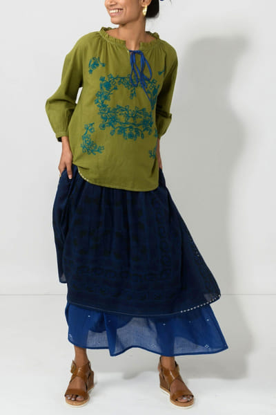 Olive green floral blouse and skirt