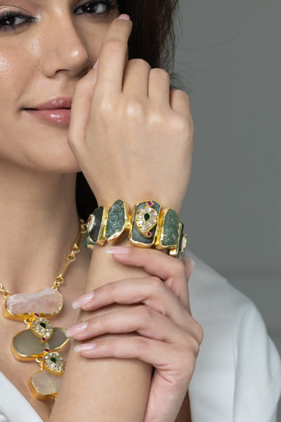 Green stone embellished open bracelet
