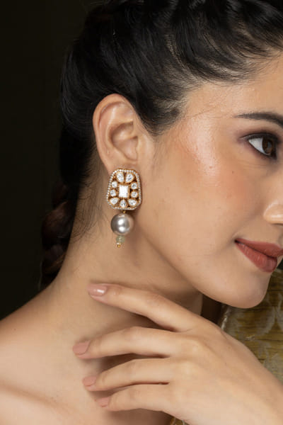 Gold stone and pearl embellished earrings