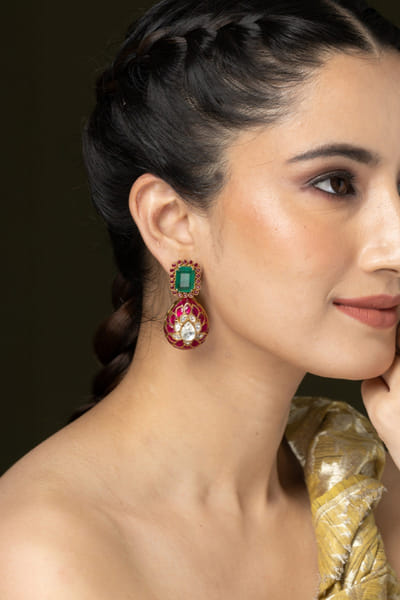 Red and green stone embellished earrings