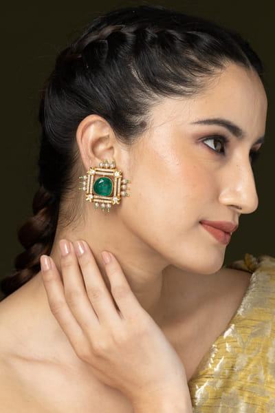 Green stone embellished stud earrings