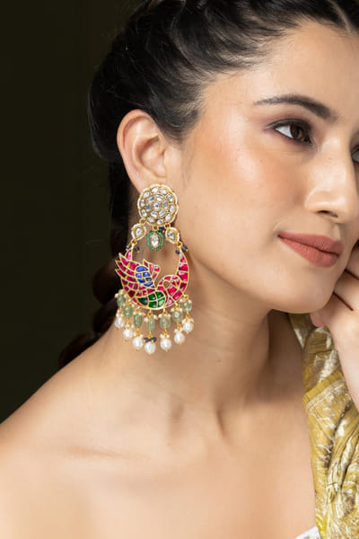 Multicolour peacock stone and enamel earrings