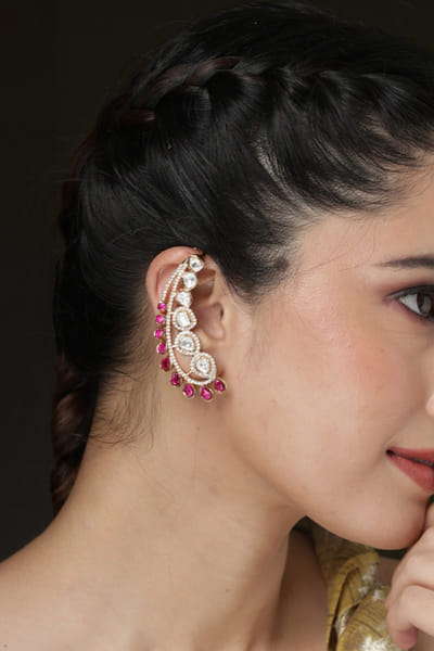 Red and gold stone embellished cuff earrings