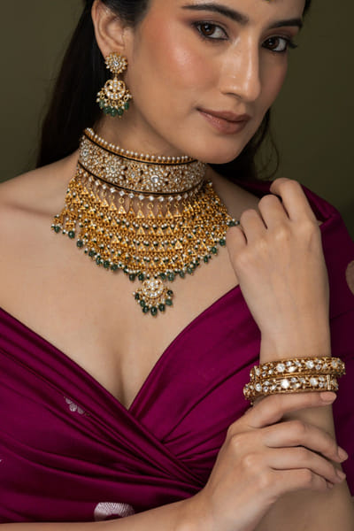 Gold bead-jhumka embellished choker set