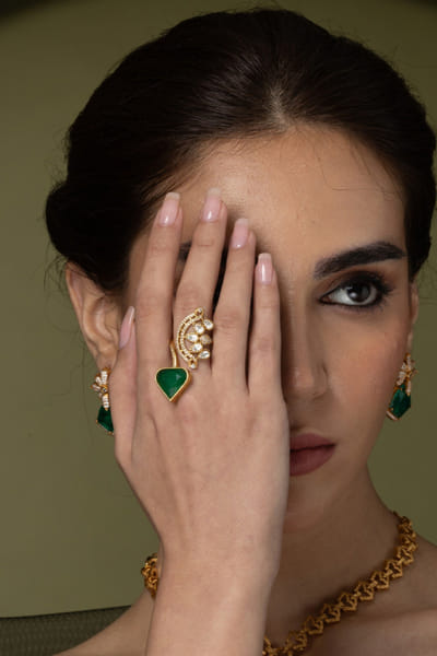 Green and gold embellished statement open-ring
