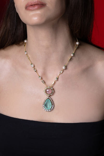 Joules by Radhika Green-pink gemstone pendant chain necklace JOULAUG26D151510