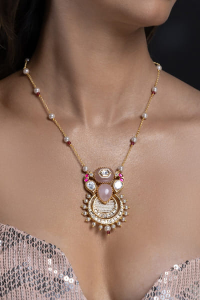 Joules by Radhika Pink-white stone and bead pendant necklace set JOULAUG26D151525