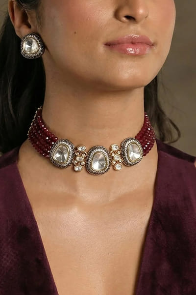 Joules by Radhika Red-silver stone and bead choker set JOULAUG26D252649