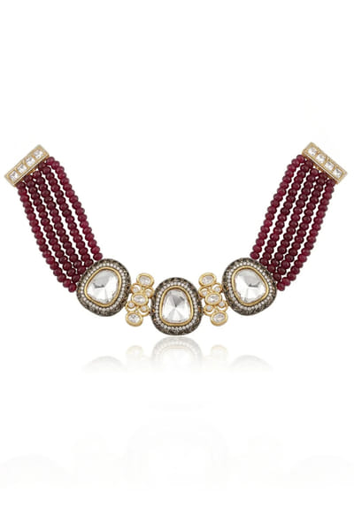 Joules by Radhika Red-silver stone and bead choker set JOULAUG26D252649