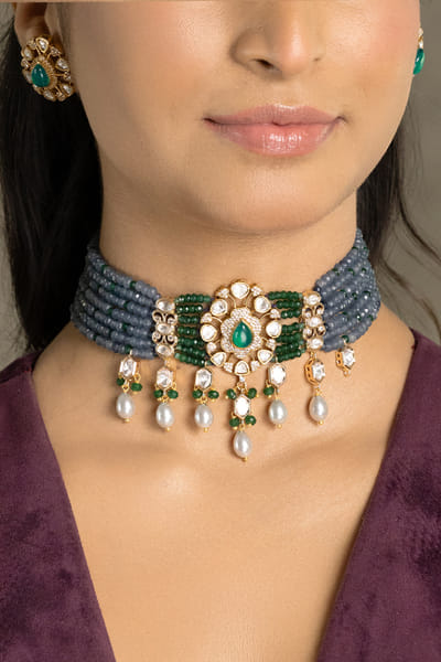 Joules by Radhika Blue-green stone and pearl pendant choker set JOULAUG26D252638