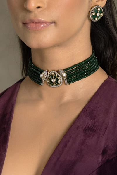 Joules by Radhika Green-silver stone and bead layered choker set JOULAUG26D252641