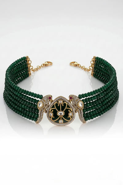 Joules by Radhika Green-silver stone and bead layered choker set JOULAUG26D252641