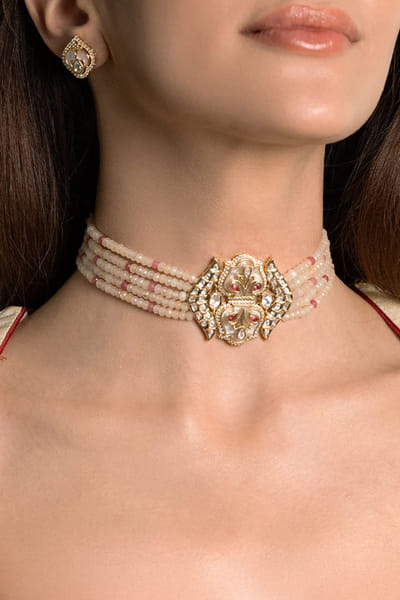 Joules by Radhika Pink-silver bead and stone pendant choker set JOULAUG26D252645