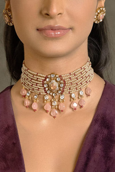 Joules by Radhika Pink-silver stone and bead pendant choker set JOULAUG26D252647