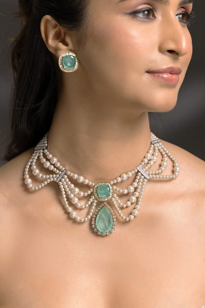 Joules by Radhika Green and white stone pendant necklace set JOULAUG26D151530