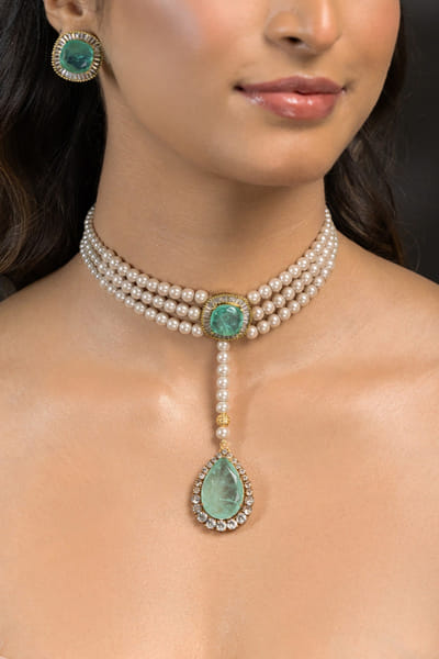 Joules by Radhika Green-ivory gemstone and pearl necklace set JOULAUG26D151514