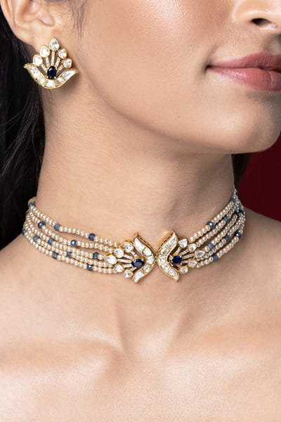 Joules by Radhika Blue-ivory bead and pearl layered choker set JOULAUG26D252644