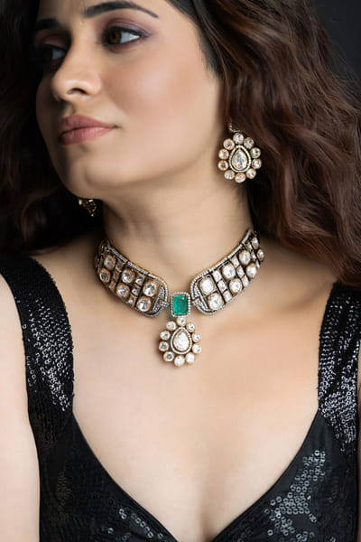 Joules by Radhika Green-silver stone embellished necklace set JOULAUG26D151517