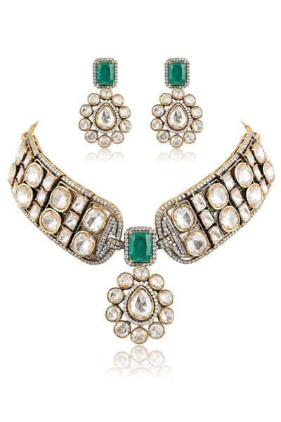 Joules by Radhika Green-silver stone embellished necklace set JOULAUG26D151517