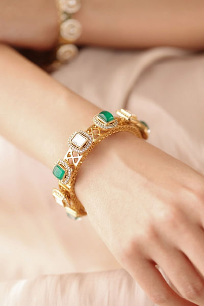 Gold square stone studded bangle