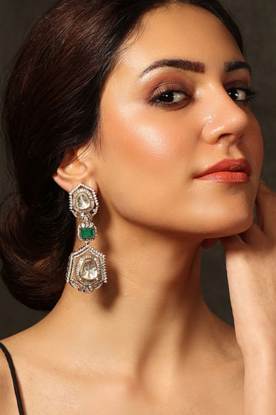 Gold green and white stone drop earrings