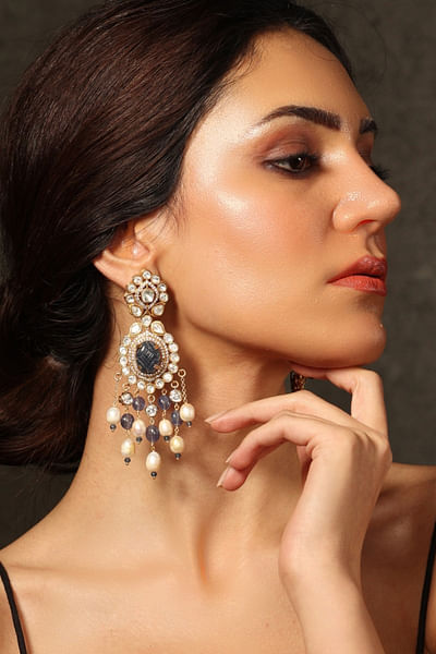 Blue gemstone and kundan embellished earrings