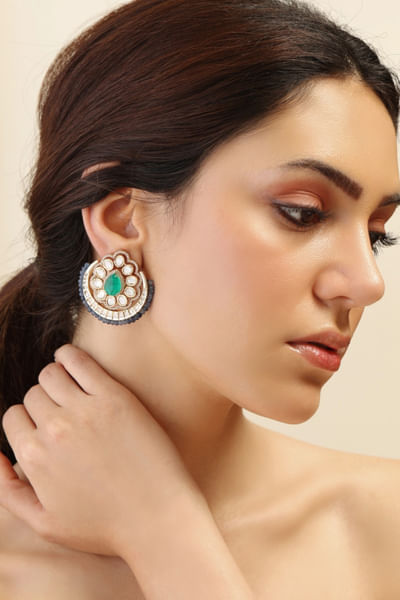 Blue gemstone kundan polki stud earrings