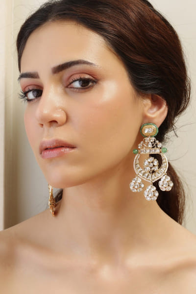 Gold gemstone and polki chandbali earrings