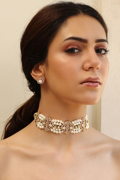 Gold stone and pearl embellished choker set