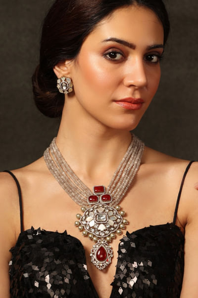 Grey stone and bead layered necklace set