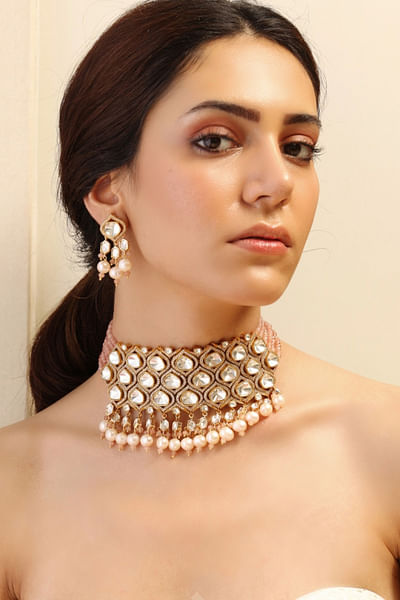 Pink gemstone and pearl choker set