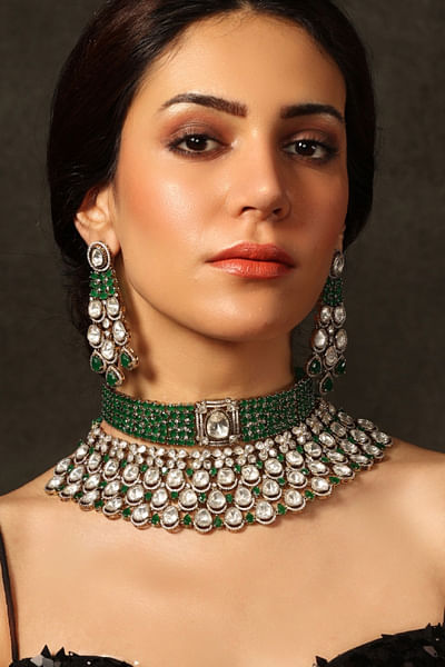 Green gemstone and bead necklace set