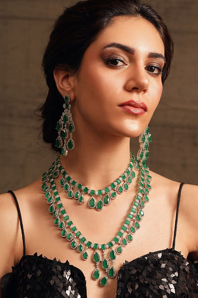 Emerald and diamond layered necklace set