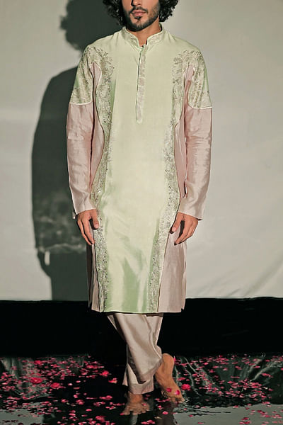 Pastel green and beige embroidered kurta set
