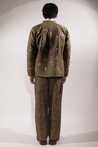 Jubinav Chadha Olive green floral embroidered jacket JUBIJUN26D147126