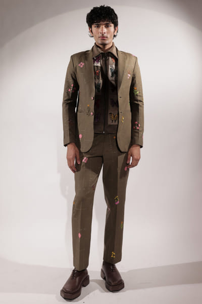 Jubinav Chadha Olive green embroidered linen blazer JUBIJUN26D147133