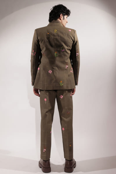 Jubinav Chadha Olive green embroidered linen blazer JUBIJUN26D147133