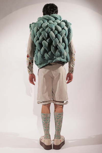 Jubinav Chadha Jade green woven suede puffer jacket JUBIJUN26D147130