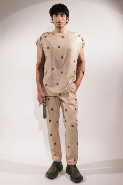Jubinav Chadha Beige printed crepe top JUBIJUN26D147137