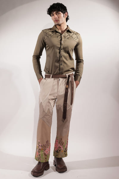 Jubinav Chadha Olive green woven shirt JUBIJUN26D147142