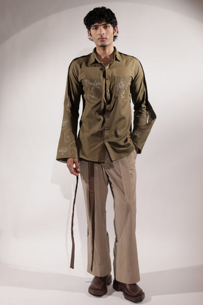 Jubinav Chadha Olive green kantha embroidered linen shirt JUBIJUN26D147144