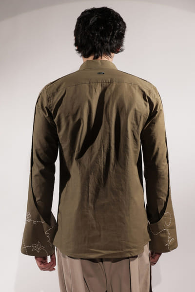 Jubinav Chadha Olive green kantha embroidered linen shirt JUBIJUN26D147144