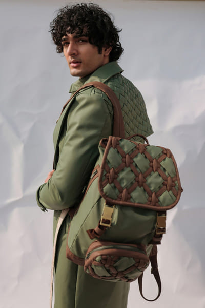 Jubinav Chadha Green & brown interwoven backpack JUBIJUN26D147108