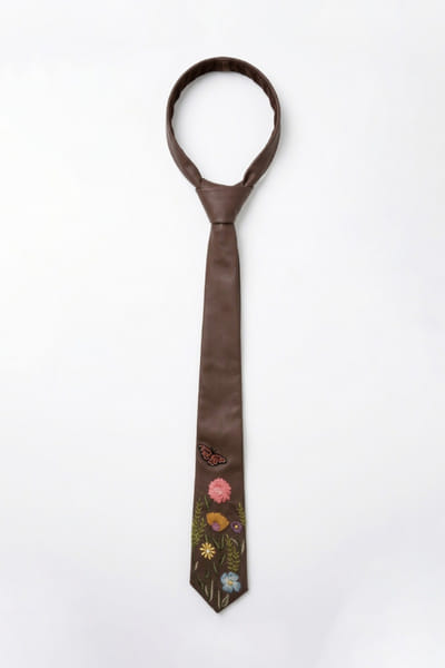 Jubinav Chadha Brown floral and butterfly embroidered tie JUBIJUN26D147110