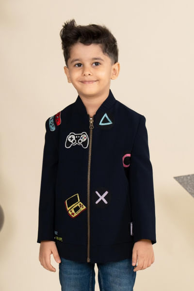 Navy blue embroidered bomber jacket