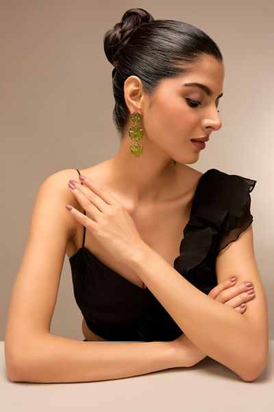 Leafy green floral crystal dangler earrings