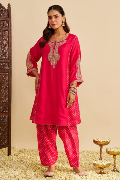 Hot pink pearl embroidered choga salwar set