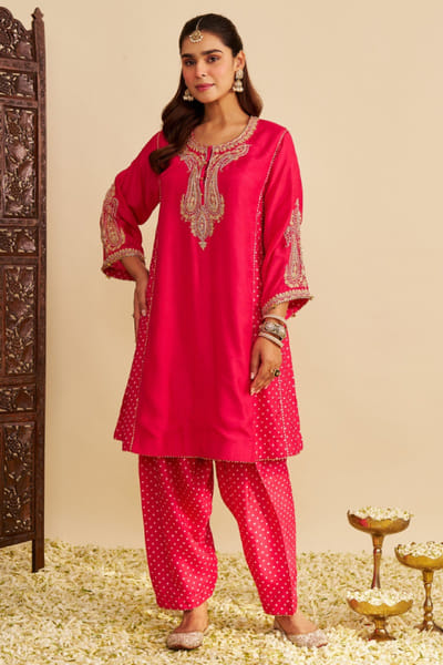 Hot pink pearl embroidered choga set