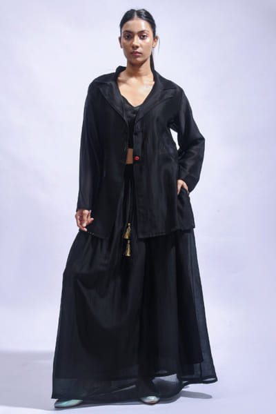 Black silk blazer skirt set